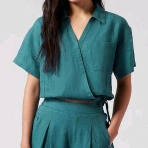 Athleta Playa Tie Top Crop Length Lightweight 100% Linen Resort Wear Size L